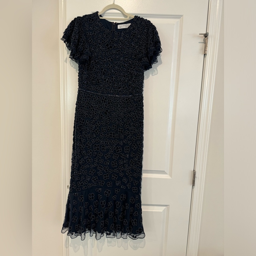 New Mac Duggal Beaded Ruffle Sleeve MIDI Cocktail Dress Midnight Blue never worn